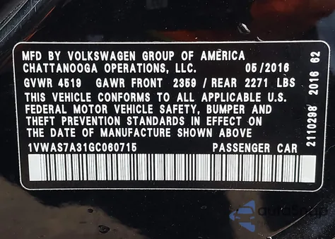 2016 Volkswagen Passat 1.8T R-Line from USA, damaged, VIN 1VWAS7A31GC060715